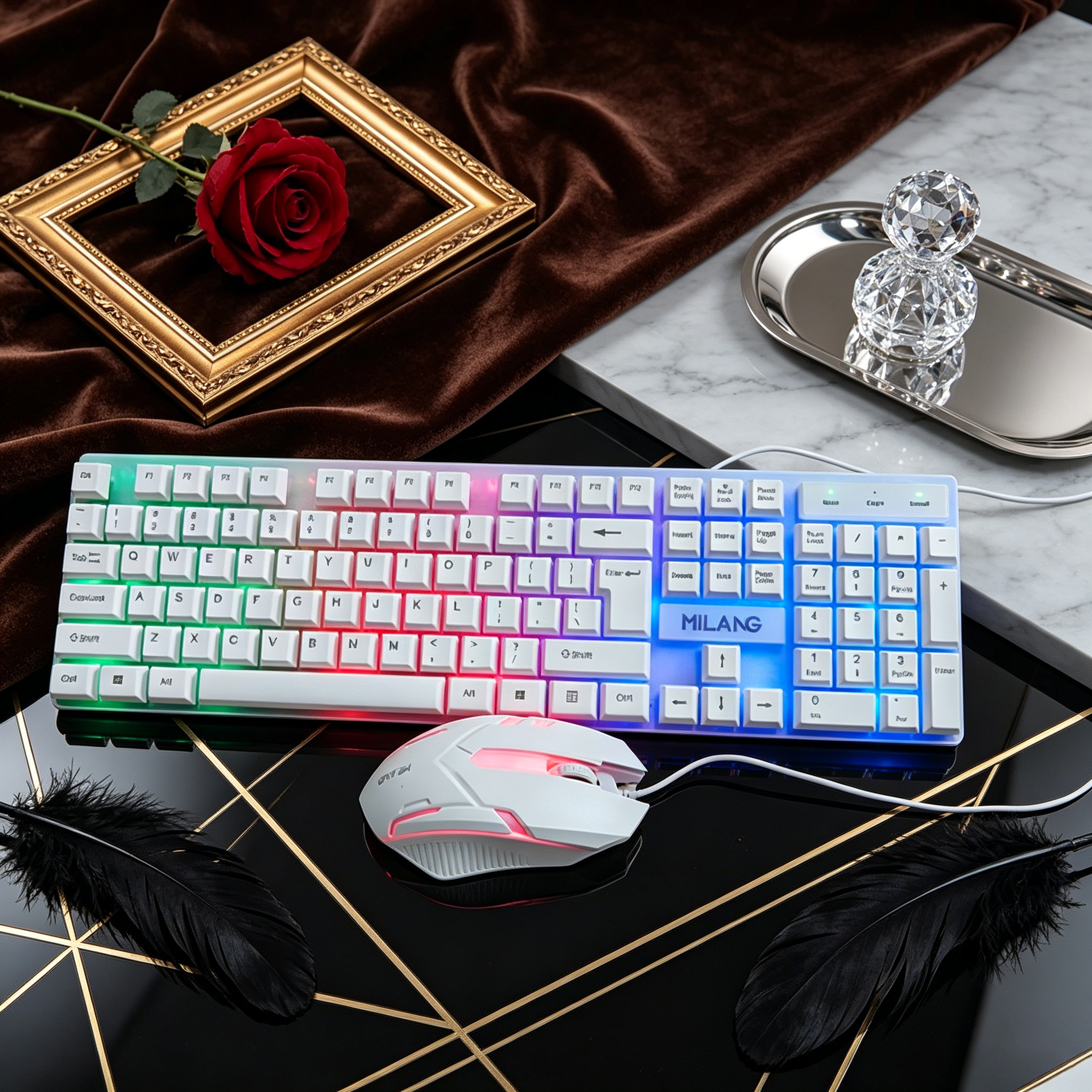 Desk Setup Study - Wired RGB Backlit Keyboard Mouse Set,Ergonomic