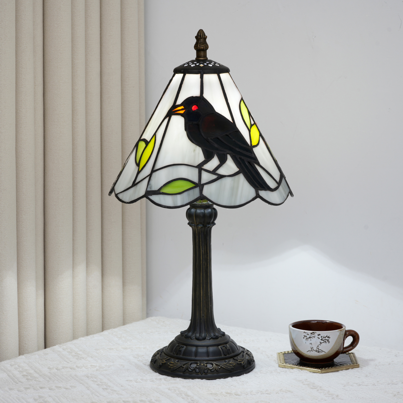 Desk Setup Vintage - Stained Glass Raven Lamp Table Light