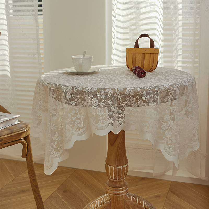 Desk Setup Vintage - White lace tablecloth, vintage coffee table